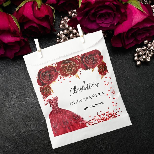 Sachets En Papier Quinceanera rouge fleurs de robe blanc (Créateur téléchargé)