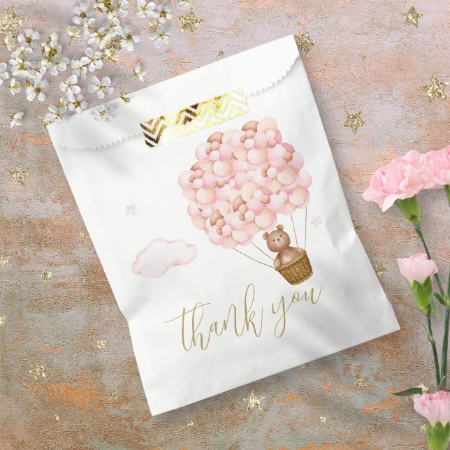 Sachets En Papier Remerciement Fête Bébé Ballons Rose Ours en Peluch (Teddy Bear Pink Balloons Baby Shower Thank You Favor Bag)