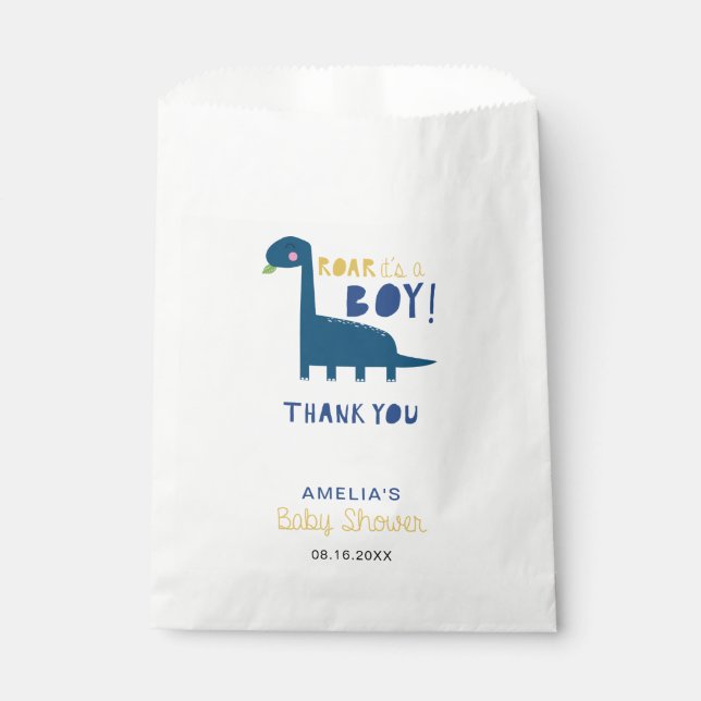 Sachets En Papier Roar c'est un garçon bleu dinosaure baby shower mi (Devant)