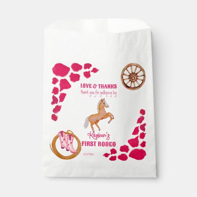 Sachets En Papier Rodeo cowgirl anniversaire vache rose motif poney (Devant)