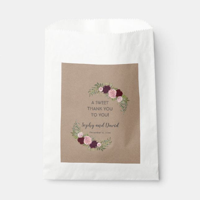 Sachets En Papier Romantique, Rustique Marsala Floral Mariage MERCI (Devant)