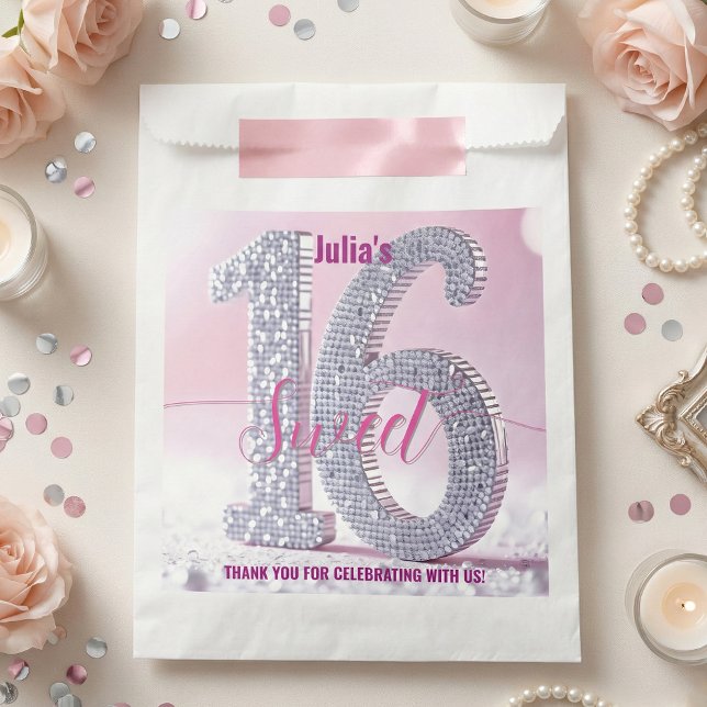 Sachets En Papier Rose Faux Paillettes Diamant Douce 16 (Créateur téléchargé)