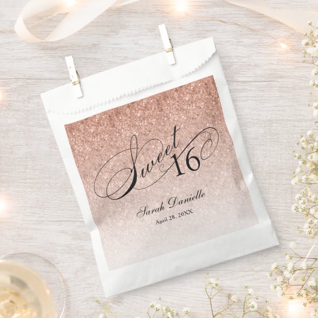Sachets En Papier Rose Gold Glam Parties scintillant Sweet 16 Script (Coupé)
