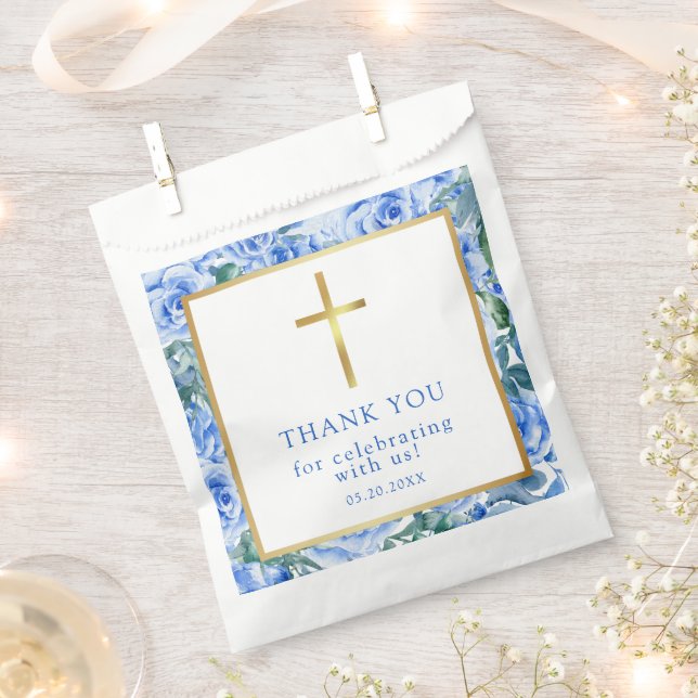 Sachets En Papier Rose moderne Dusty Blue Aquarelle Baptême garçon (Coupé)