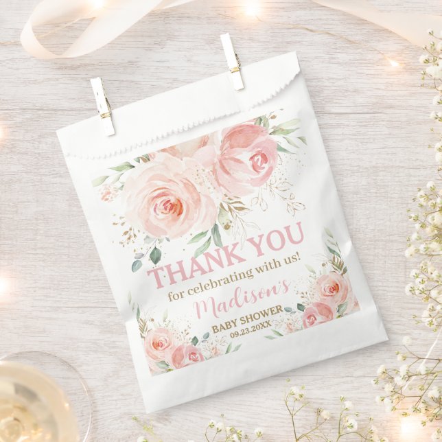 Sachets En Papier Rose Poudré Floral Doré Mariage Baby Shower Annive (Coupé)