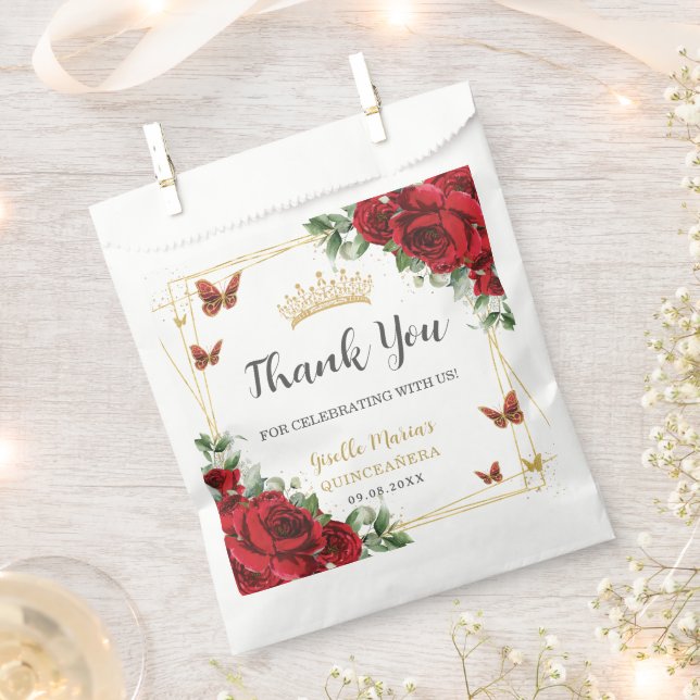 Sachets En Papier Roses Rouges Papillons Floraux Quinceanera Sweet 1 (Coupé)