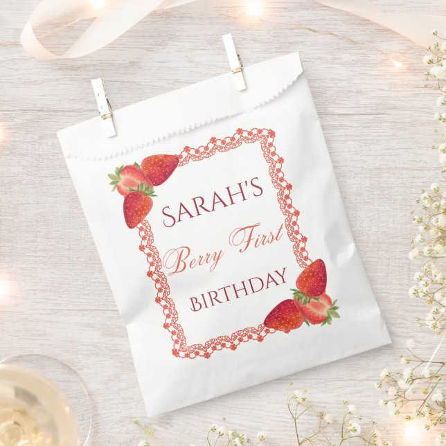 Sachets En Papier Rouge Dentelle Baie Premier Anniversaire (Coupé)