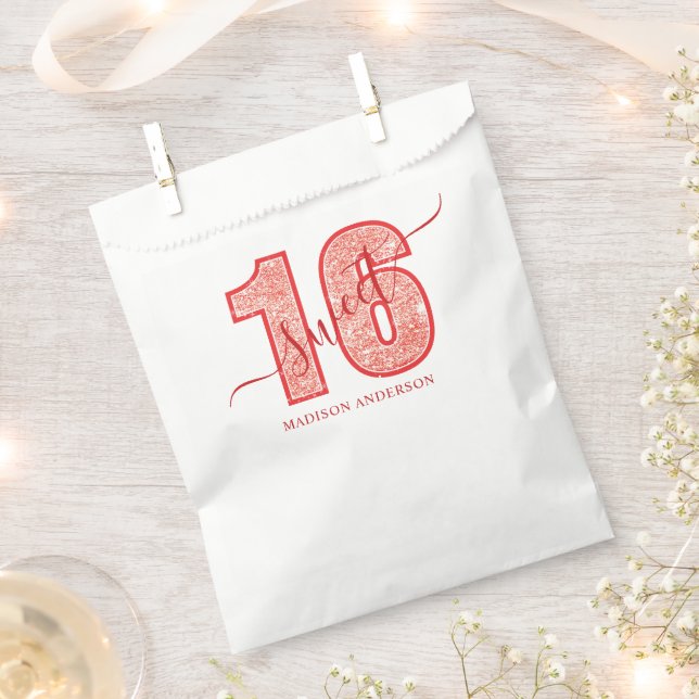 Sachets En Papier Rouge Pailleté Script Anniversaire 16 Glamour (Coupé)