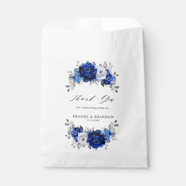 Sachets En Papier Royal Bleu Blanc Argent Métallo Mariage Floral (Devant)