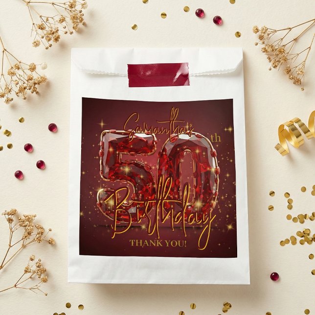 Sachets En Papier Ruby Red Gemstone Gold 50th Birthday Thank You (Créateur téléchargé)