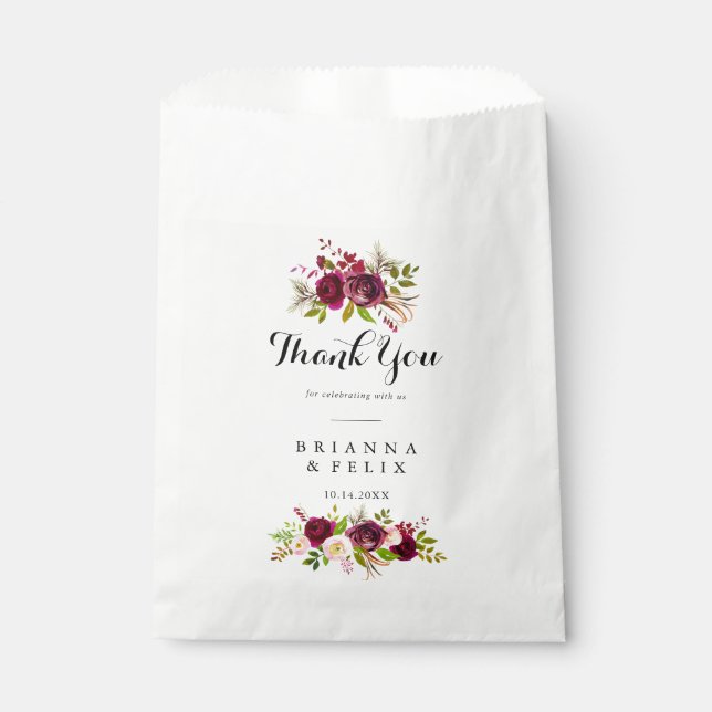 Sachets En Papier Russe Blush Bourgogne Floral Merci Mariage (Devant)