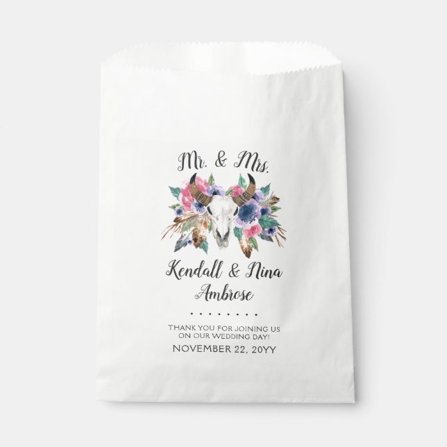 Sachets En Papier Russe Floral Vache Crâne Aquarelle Boho Mariage (Devant)