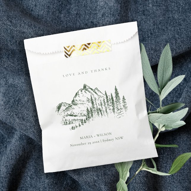 Sachets En Papier Rustic Green Pine Woods Mountain Sketch Mariage (Créateur téléchargé)