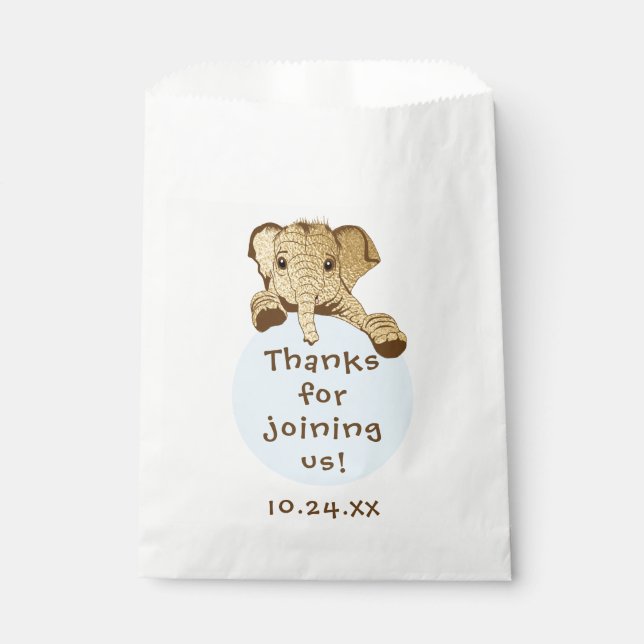 Sachets En Papier Sac baby shower Faveur, Eléphant Bleu Or (Devant)