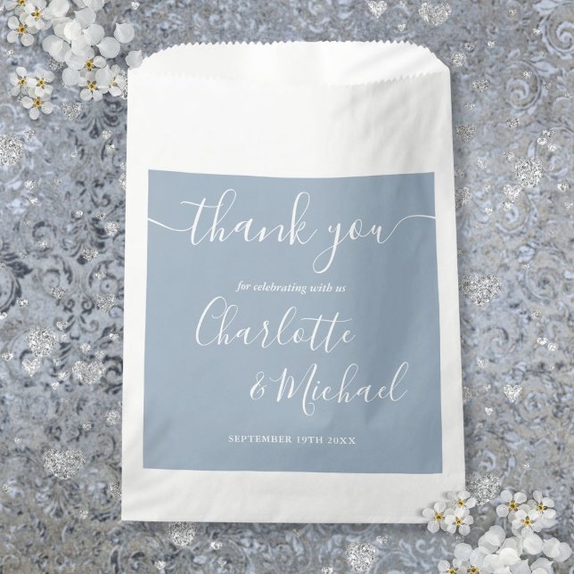 Sachets En Papier Sac Script Mariage Poussiéreux Bleu Merci (Signature Script Wedding Dusty Blue Thank You Favor Bag)