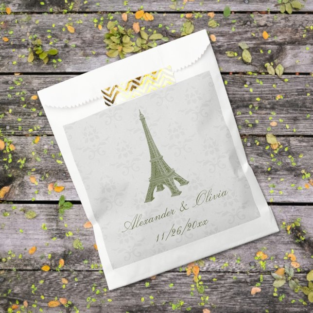 Sachets En Papier Sac Vert Tour Eiffel Mariage damassé Favoriser (Green Eiffel Tower Damask Wedding Favor Bags)