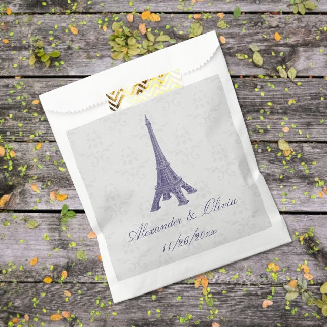 Sachets En Papier Sac violet Eiffel Tower Mariage damassé Favoriser (Purple Eiffel Tower Damask Wedding Favor Bags)