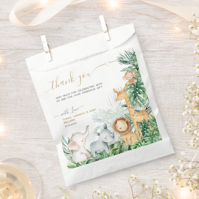 Sachets En Papier Safari Bébé Animaux Baby shower vert Merci (Coupé)