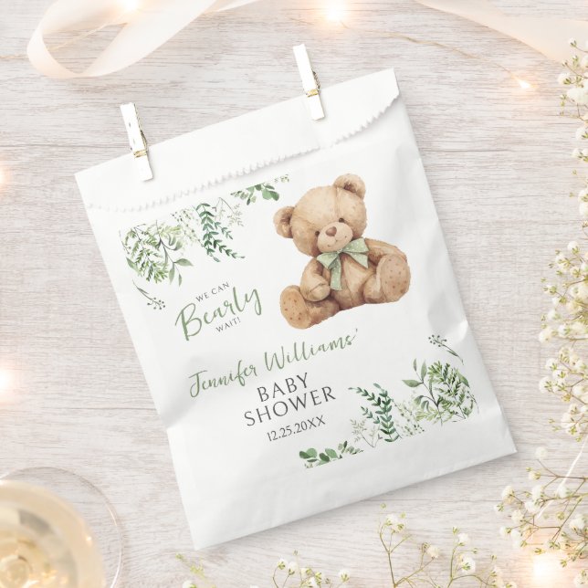 Sachets En Papier Sage Green Feuilles Teddy Ours Bow Baby Boy Douche (Coupé)
