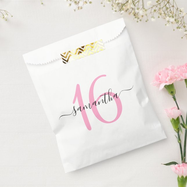 Sachets En Papier Script personnalisé rose pour un Sweet 16 (Scellé)