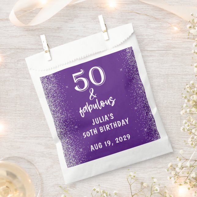 Sachets En Papier Silver Glitter Purple 50th Birthday Party (Coupé)