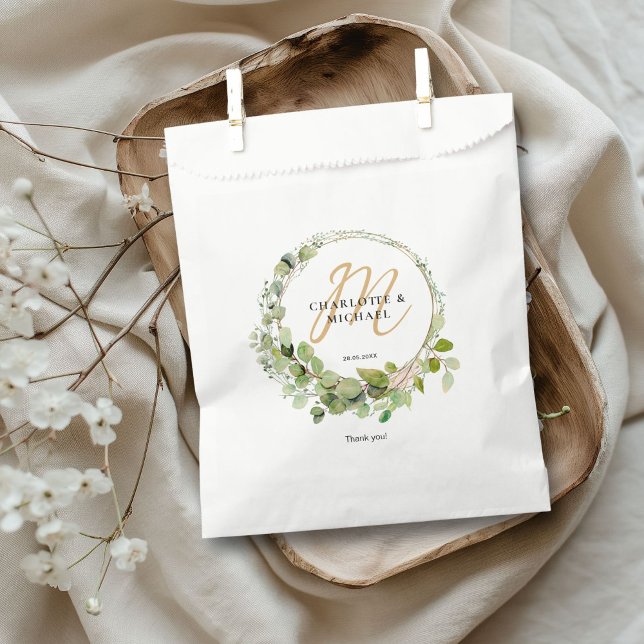 Sachets En Papier Simple, élégant, monogramme mariage eucalyptus (Simple, elegant, monogram eucalyptus "Thank You!" wedding favor bag with your name and bag.)