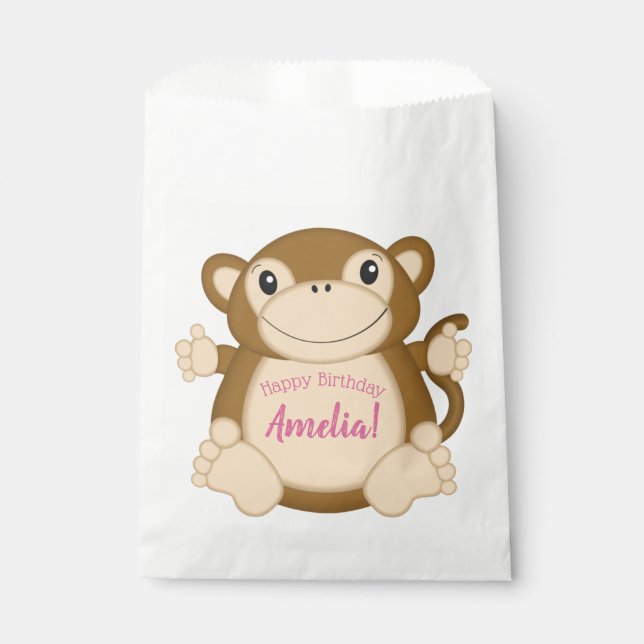 Sachets En Papier Singe Anniversaire Pink (Devant)