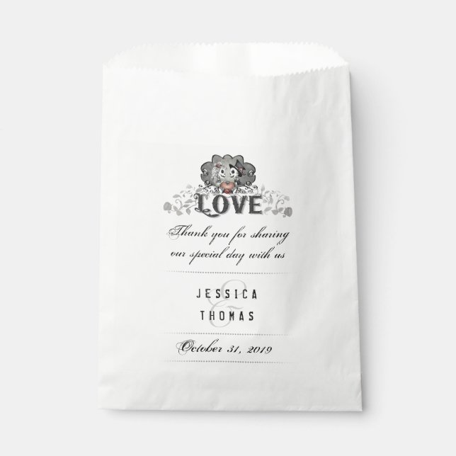 Sachets En Papier Skeletons d'Halloween Red Heart LOVE Noms Mariages (Devant)