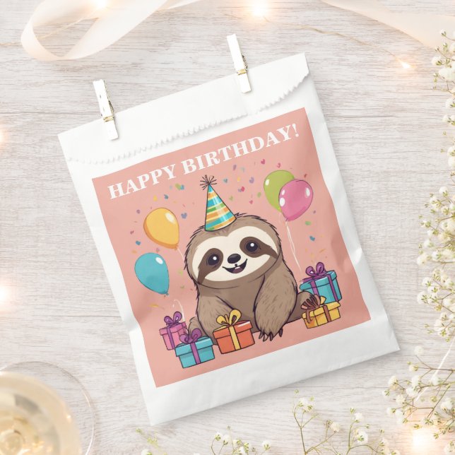 Sachets En Papier Sloth Girl Joyeux Anniversaire rose Personnalisé (Coupé)