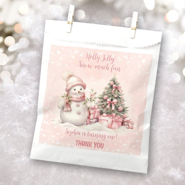Sachets En Papier Snowman rose Noël 1er anniversaire Favoriser les s (Snowman Pink Christmas 1st Birthday Favor Bags)