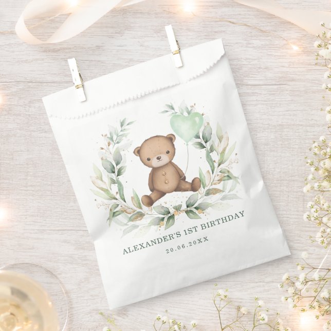 Sachets En Papier Soirée Baby shower de l'ours en peluche vert (Coupé)