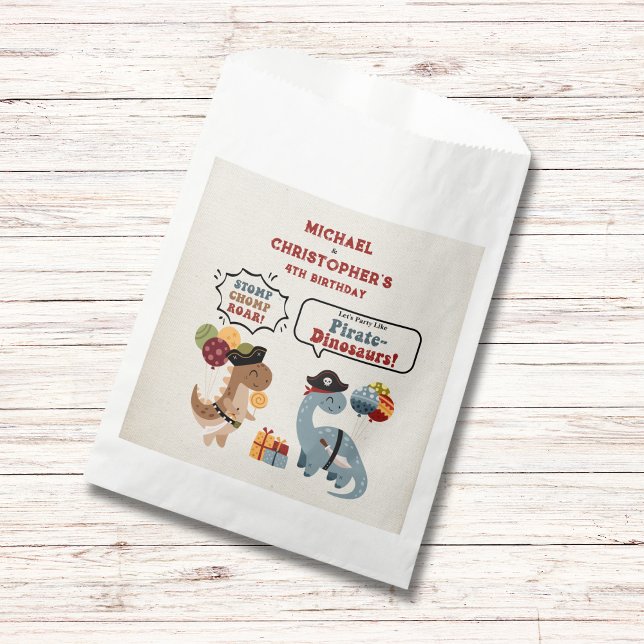 Sachets En Papier Stomp Chomp Roar Pirate Dinosaur Twin Boy Annivers (Chomp Stomp Roar with these adorable Pirate-Dinosaurs to celebrate your twin boys birthday!)
