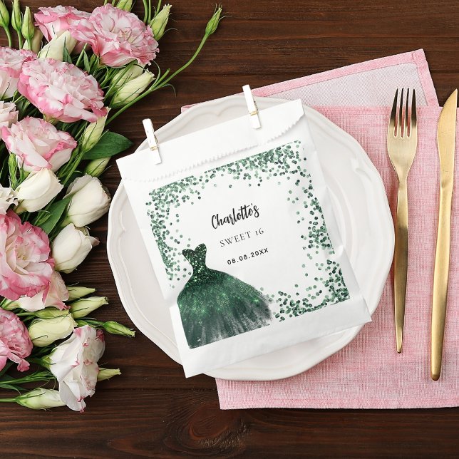 Sachets En Papier Sweet 16 vert émeraude robe Merci (Créateur téléchargé)