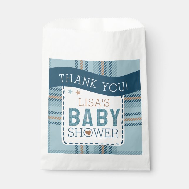 Sachets En Papier Tartan Teddy Bear, Baby Boy Shower Customizable (Devant)