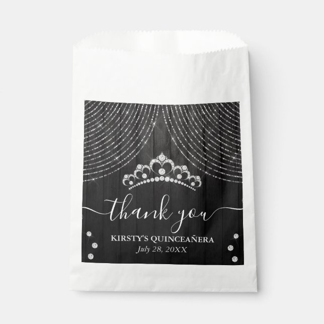 Sachets En Papier Tiara en diamant d'argent sur Quinceanera en bois  (Devant)