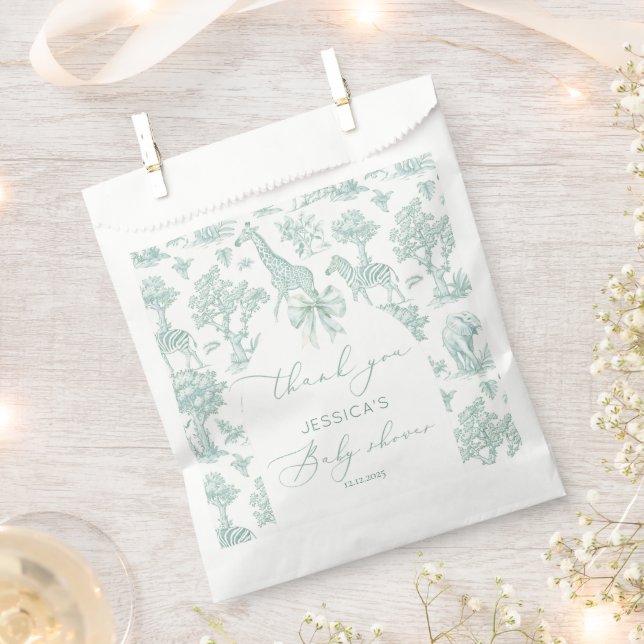 Sachets En Papier Toile Safari Baby shower vert arc Merci (Coupé)