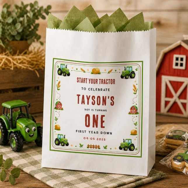 Sachets En Papier Tracteur Vert Rustique Première Année Thème de la  (Rustic Green Tractor First Year Down Farm Theme Favor Bag
)