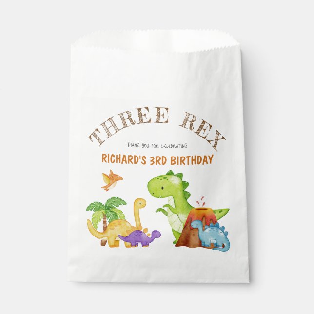 Sachets En Papier Trois enfants Rex Dinosaur 3e fête d'anniversaire (Devant)