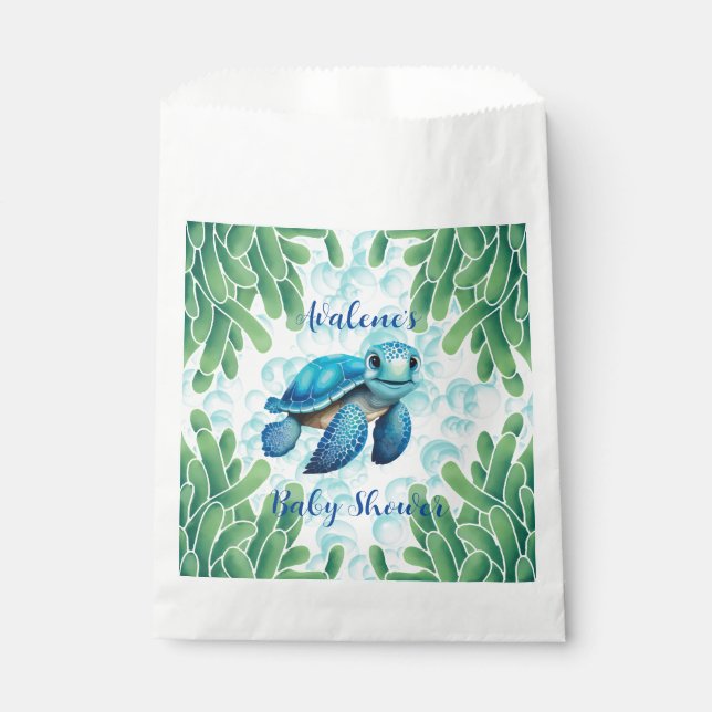 Sachets En Papier Turquoise Blue Sea Turtle Seaweed Boy Baby shower  (Devant)