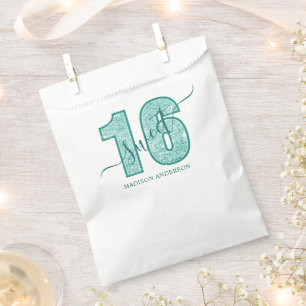 Sachets En Papier Turquoise Écriture Pailletée Joyeux 16ème Annivers