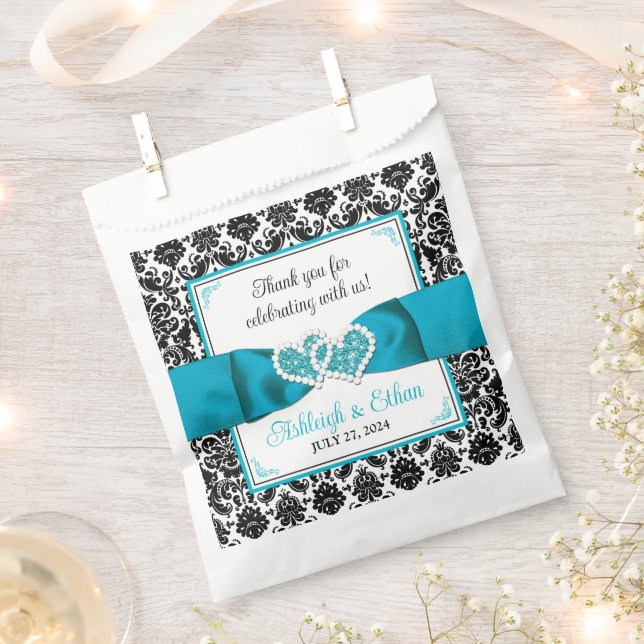 Sachets En Papier Turquoise, Noir Damask Love Hearve Mariage (Coupé)