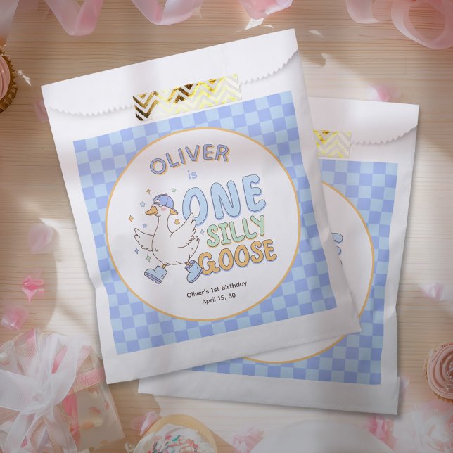 Sachets En Papier Un Canard Fou Bleu - Garçon Premier Anniversaire R (Blue Silly Goose-Retro Girl First Birthday Favor Bags.)