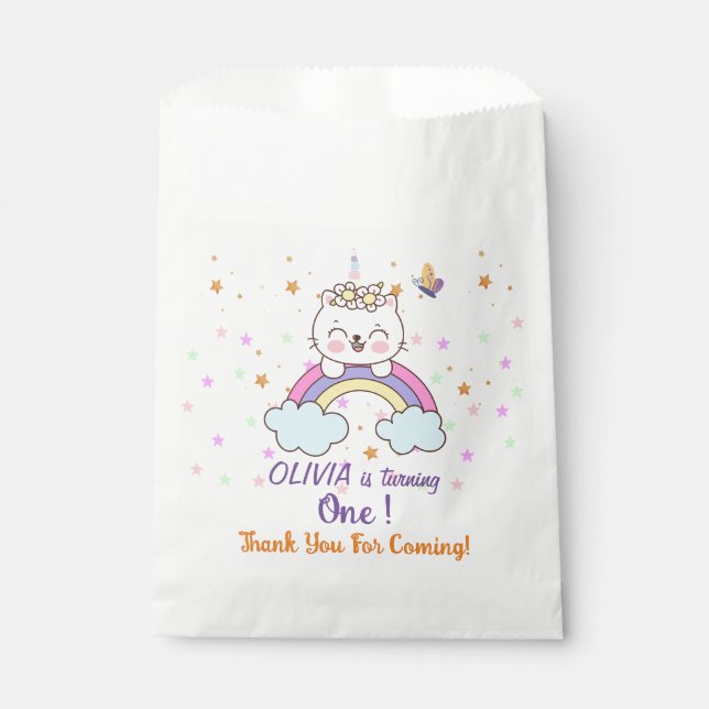 Sachets En Papier Unicorn Cat Rainbow Pastel Stars 1er anniversaire (Devant)