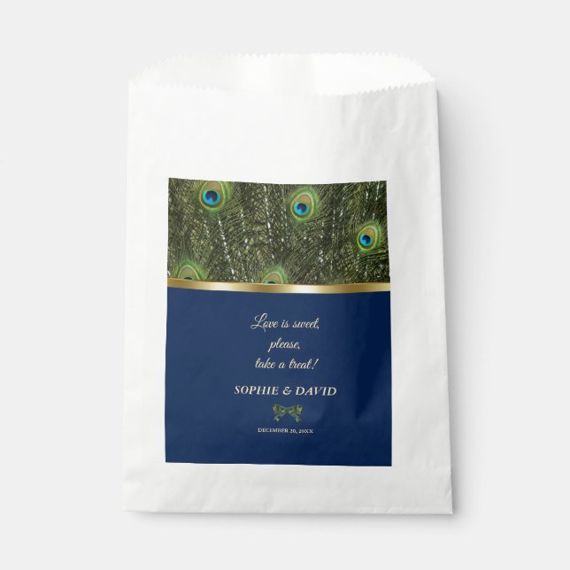 Sachets En Papier Unique Marine Blue Gold Peacock Feaths Mariage (Devant)