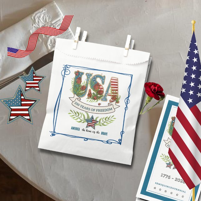Sachets En Papier US 250 Years of Freedom Elegant Blue Border  (US 250 Years of Freedom Elegant Blue Border Favor Bag)