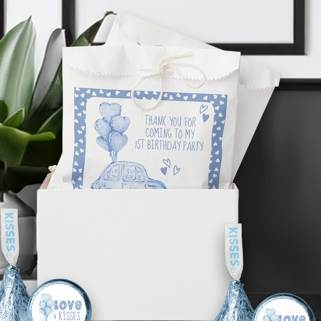 Sachets En Papier Valentine 1er anniversaire Bleu ballon et voiture (Favor Bags - from my Car and Balloons Valentine Birthday Collection)