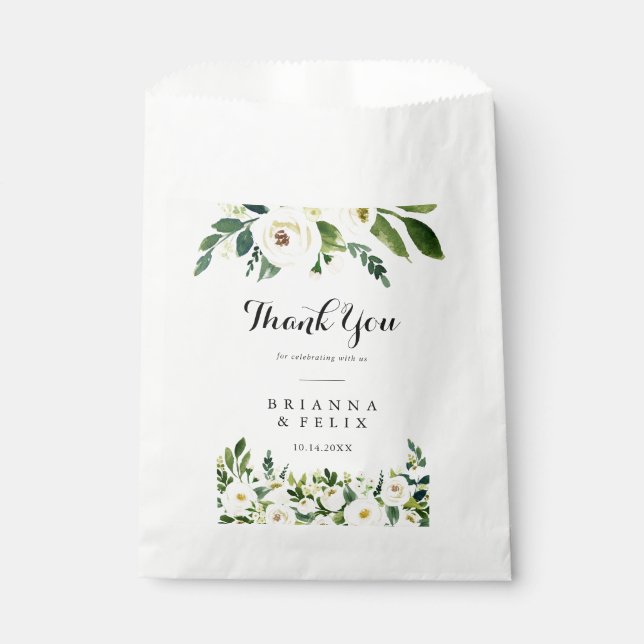 Sachets En Papier Vert Blanc Automne Floral Merci Mariage (Devant)