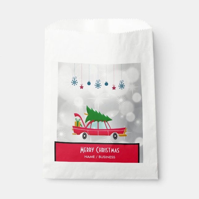 Sachets En Papier Voiture rouge rétro portant un arbre de Noël (Devant)