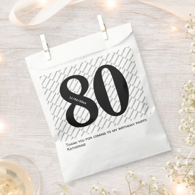 Sachets En Papier Votre nom Motif Bold Black Age 80 Numéro Date (Coupé)