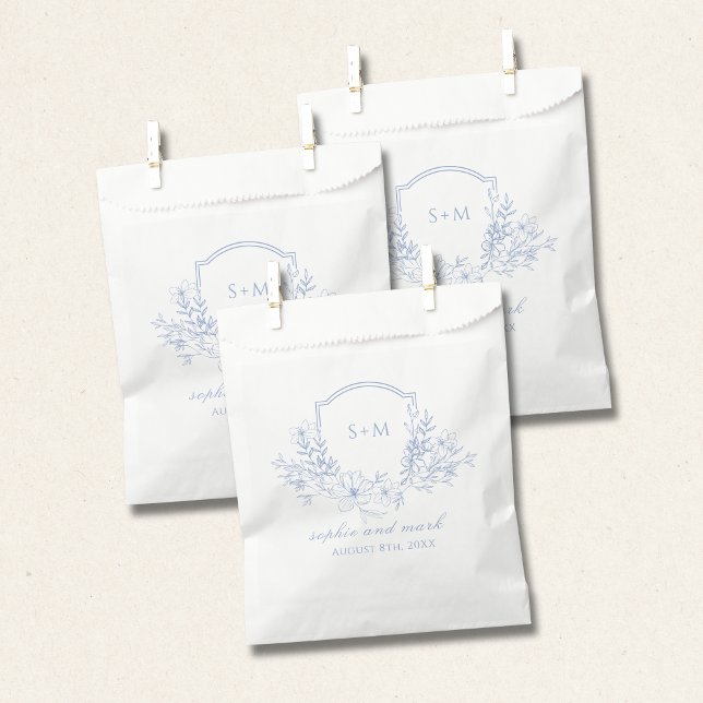 Sachets En Papier Wedding Floral Crest Monogram Dusty Blue (Créateur téléchargé)